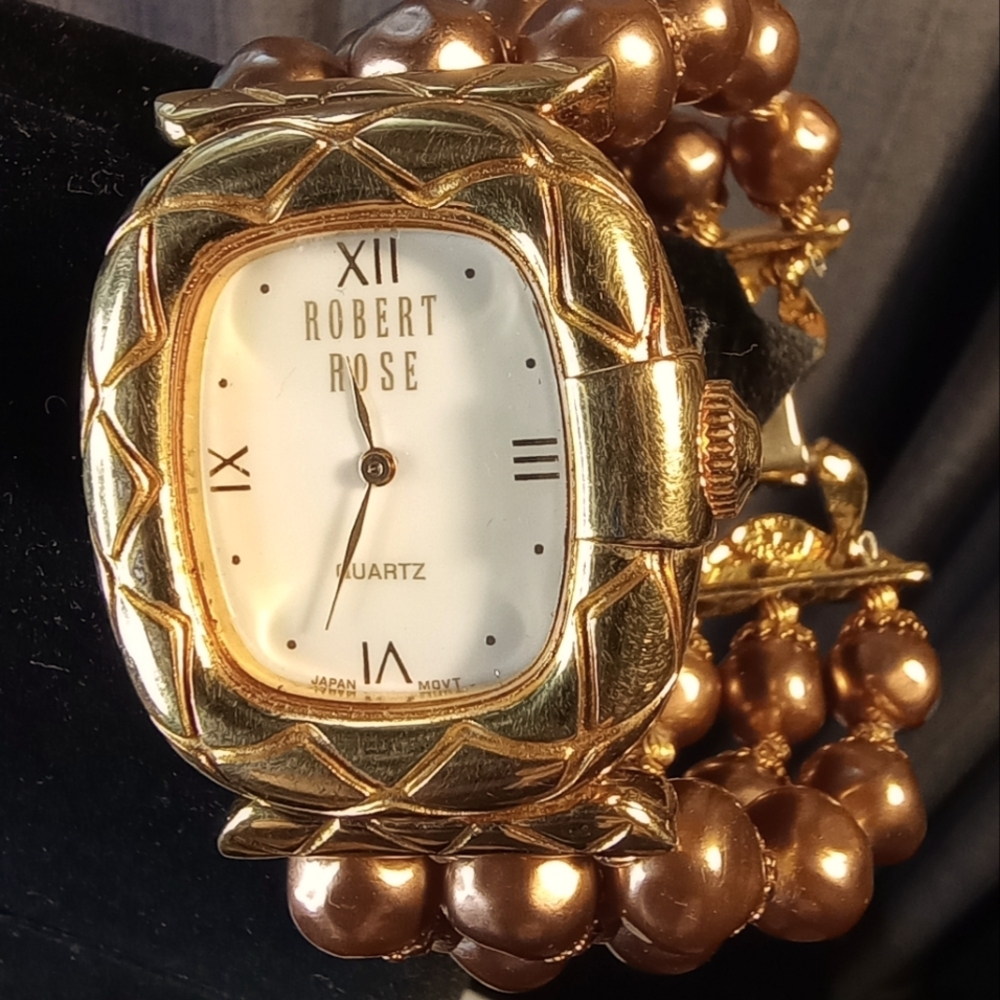 Robert Rose Watch Toffee Faux Pearl Triple Strand Bracelet 7-7.5"